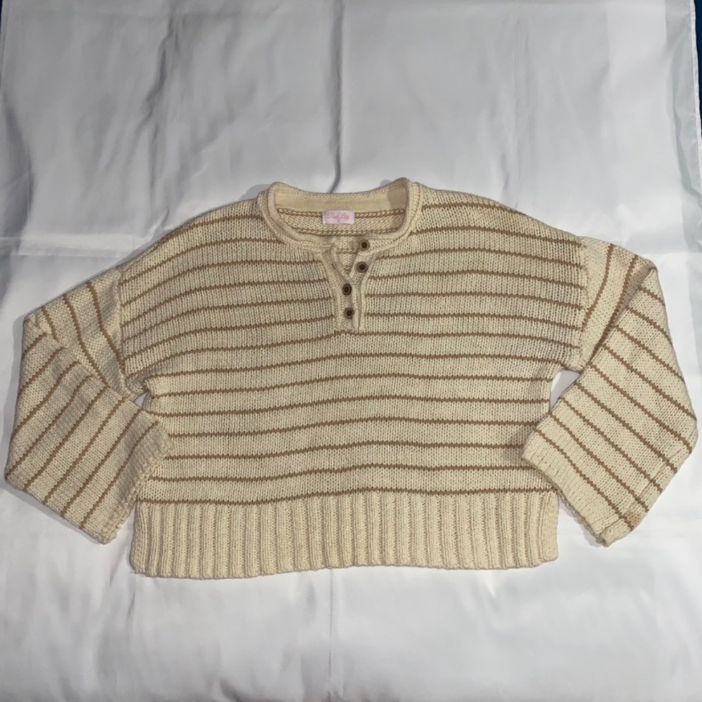 Pink Lily Beige Striped Henley Long Sleeve Knitted Sweater